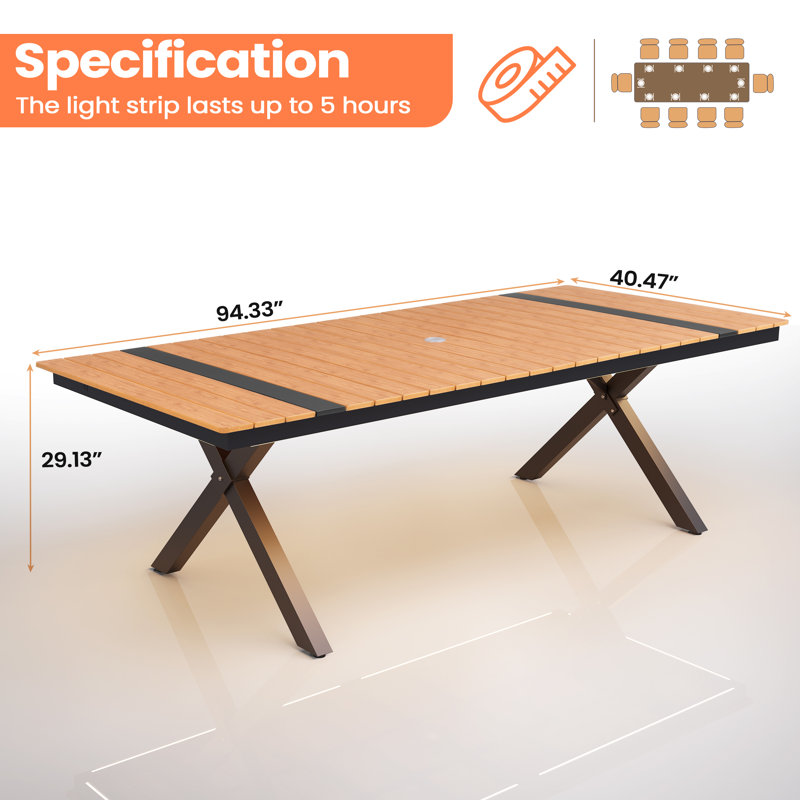 Table de salle à manger en aluminium pour 8 à 10 personnes avec éclairage d'ambiance, l 90,5 po x P 40,5 po, Brun
