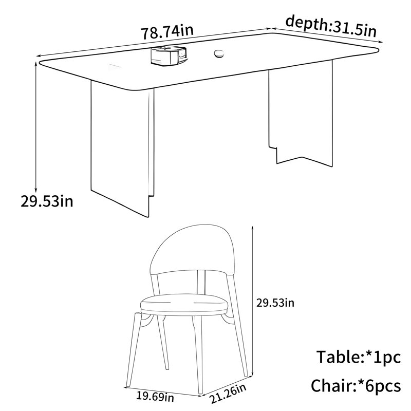Declan, 7 Pieces: Table, 6 Chairs, 29.53" H x 78.74" W x 31.5" D