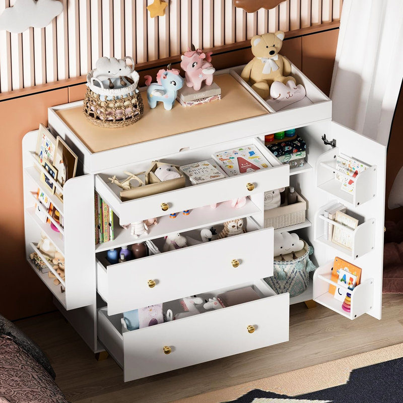 White Changing Table Dresser With Wide Top And 3 Drawers, Easy - To Build Product, 54" Vanity 12 Drawer Cabinet, Open Storage Shelves For Bedroom Decor Women Crafted Durability, Adjustable Brightness
