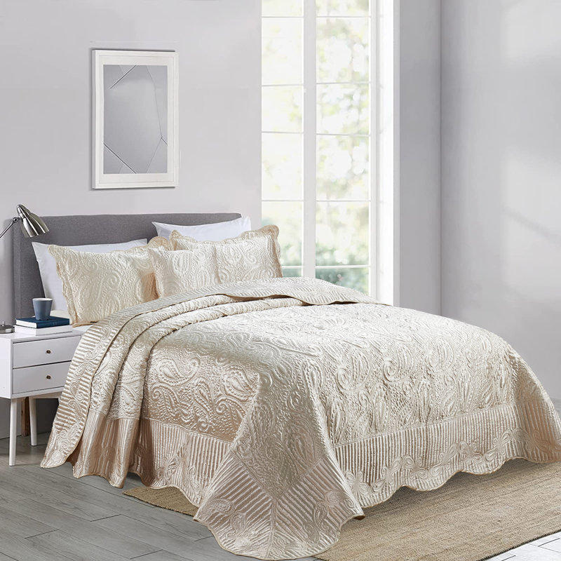 4 Piece Quilted Satin Bedspread Set, Champagne, King Quilt + 2 King Shams + Throw Pillow