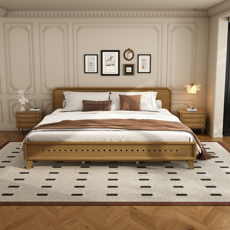 Grand lit en bois de pin massif, solide et stable, sans sommier, Brun, Queen