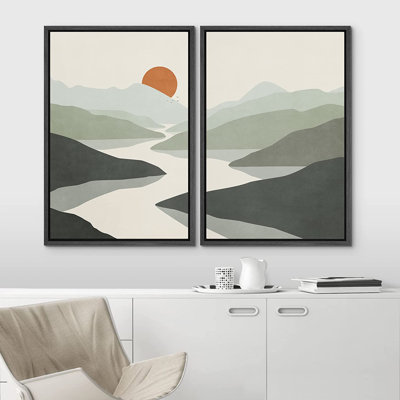 Mid Mid Century Modern Boho IDEA4WALL, reproduction d'art sur toile encadrée, aquarelle pastel verte, vallée de montagne et soleil, formes abstraites, illustrations, paysage, nature, salon, chambre à coucher, bureau