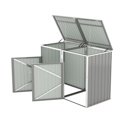 Outdoor Trash Can Storage With 54 Cubic Feet: Metal Construction, Gray, For Dual - Lid Lift Gray Galvanized Garbage Bin: Feet, Smooth Movement, Spring Support