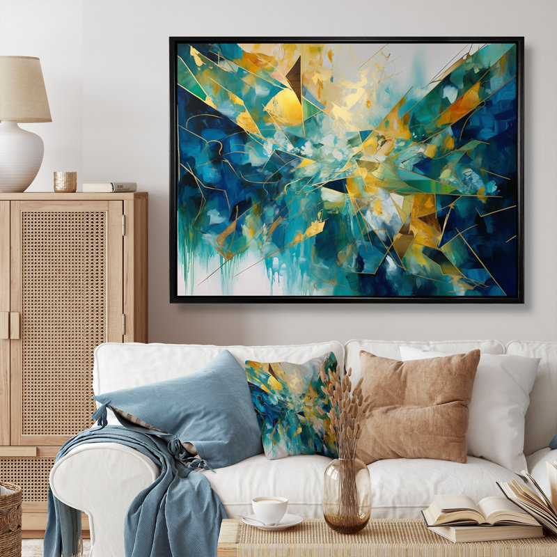 " Golden Explosion Triangles VI ", 34" H x 44" W x 1.5" D, Black Floater Framed