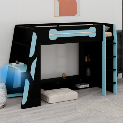 Lit mezzanine avec bureau, tablettes de rangement multiples