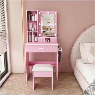 Table de coiffeuse avec miroir et lumières DEL réglables, prise de courant, support pour séchoir à cheveux et tabouret - coiffeuse compacte pour petites chambres