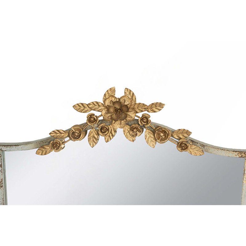 Decorative Wall Mirror With Distressed Ivory Frame And Gold Floral Crown, Gold, MDF, Novelty