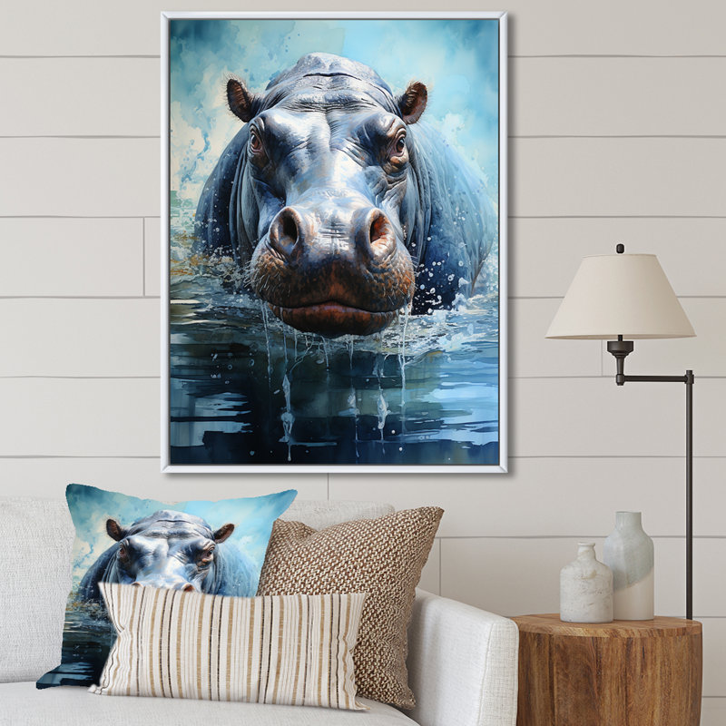 «Grey Powerful Hippo Waters Reflect III - Hippopotamus», art mural, Cadre flottant blanc, H 20 po x l 12 po x P 1 po