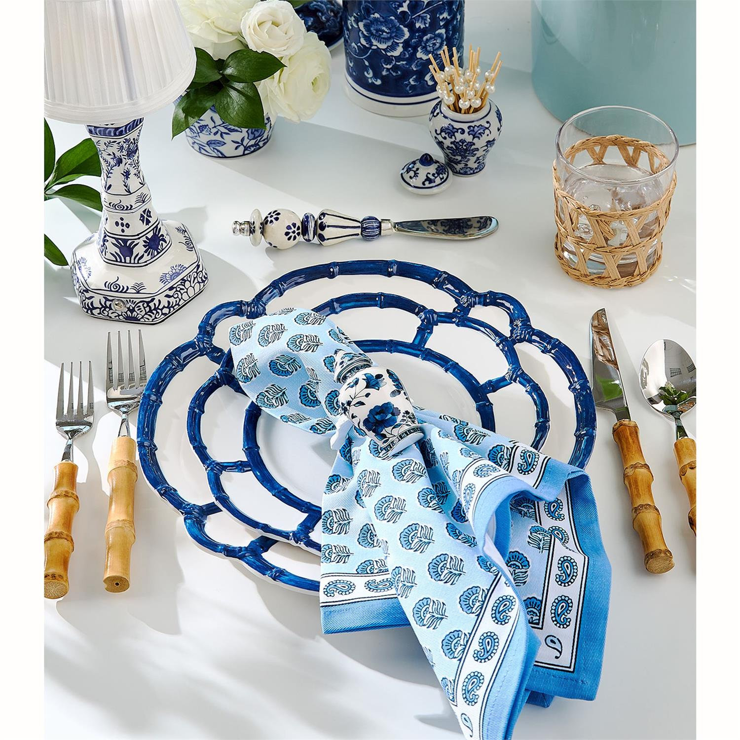 Bamboo Melamine Salad Plate, White/Blue