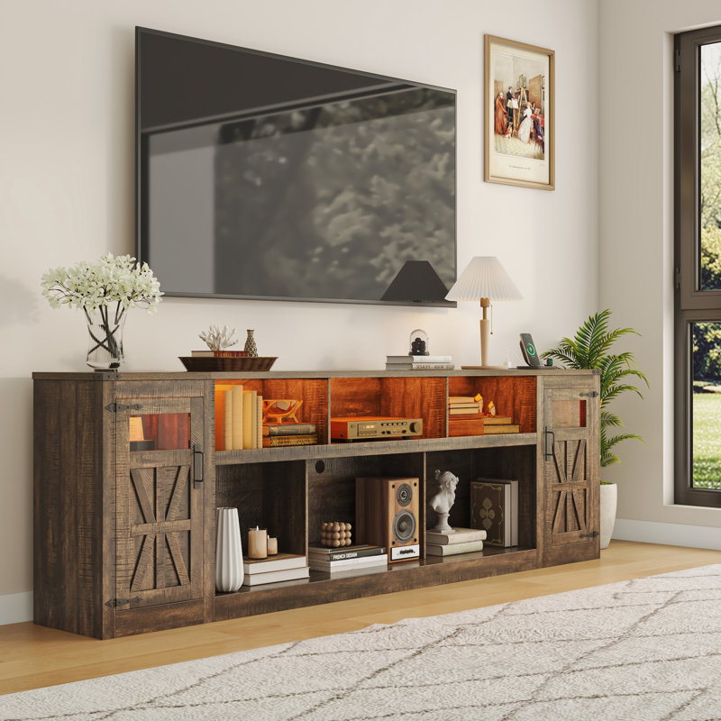 95" Farmhouse Tv Stand For Tvs Up To 100 Inch With Power Outlets, Large Media Console With Led Lights For Living Room, Brown