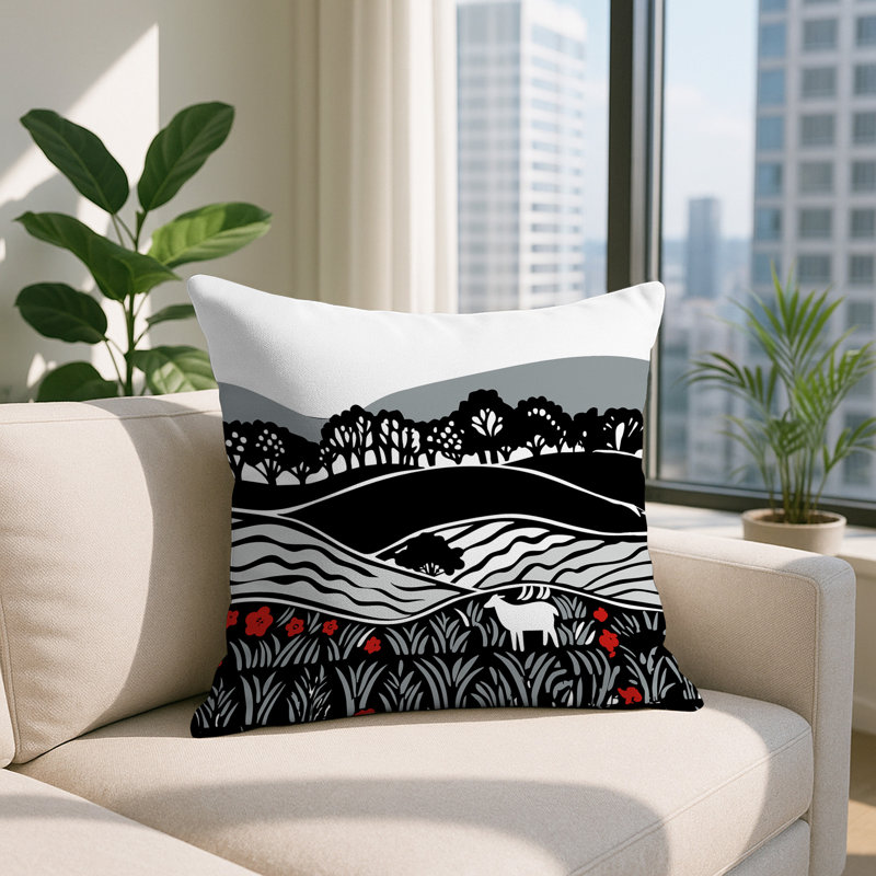 Coussin décoratif intérieur / extérieur Voldy Floral Landscape, Gris, Carré 15 po