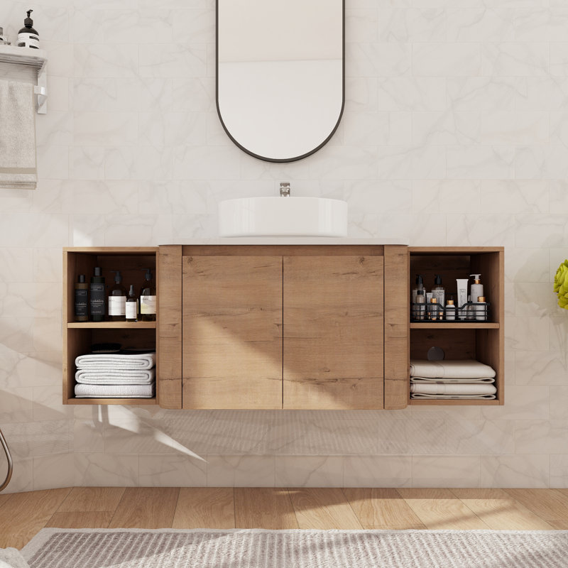 Meuble-lavabo flottant simple 54 po avec lavabo en céramique, meuble-lavabo mural avec porte à fermeture en douceur et tablette