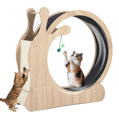 Grande roue d'exercice en bois pour chat - Tapis d'intérieur pour animaux de compagnie avec roulettes silencieuses, planche de frottement en sisal, balles de jeu interactives, roue de remise en forme antidérapante pour chat - bois naturel, idéal pour les grands chats, diamètre intérieur de 95 cm