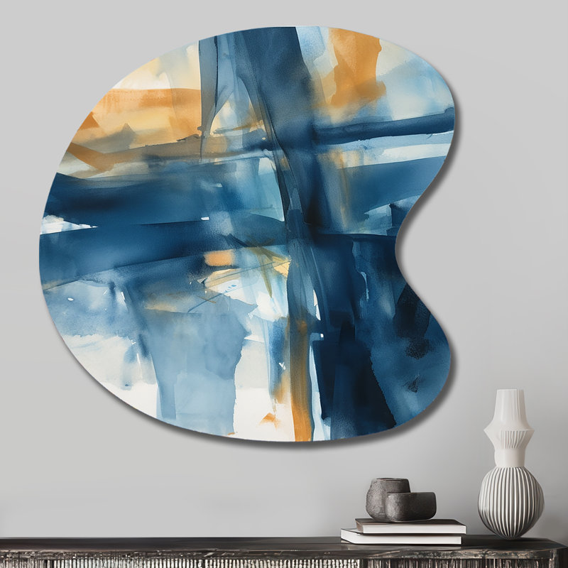 «Blue and Gold Fusion», art irrégulier, impression sur métal asymétrique bleue, H 27 po x l 27 po