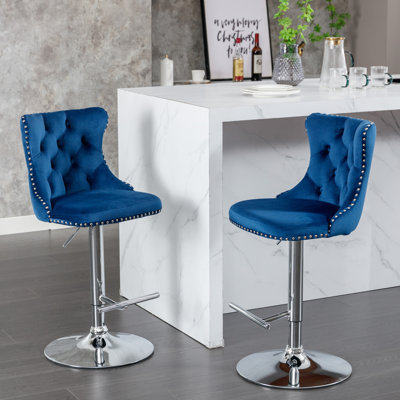 Comfortable Velvet , Adjustable 25 - 33 Inch Height, Swivel Design For Home Pub And Kitchen Island  Blue, Of 2 Height Blue Inch, With Back Seating In