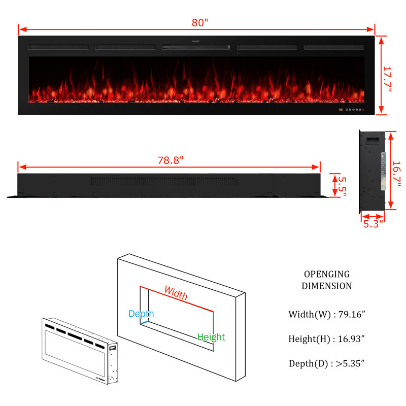 Abria Smart Electric Fireplace Inserts, 17.7" H x 80" W x 5.5" D