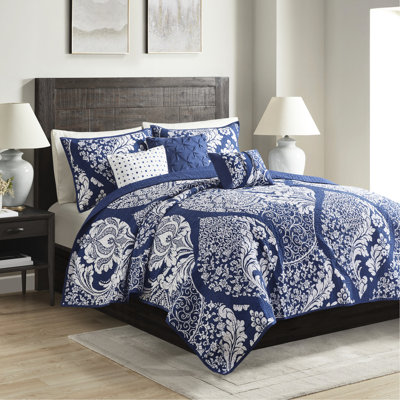 Couette 6 pièces avec coussins indigo, en coton, format king/king et jeté de couleur contrastante