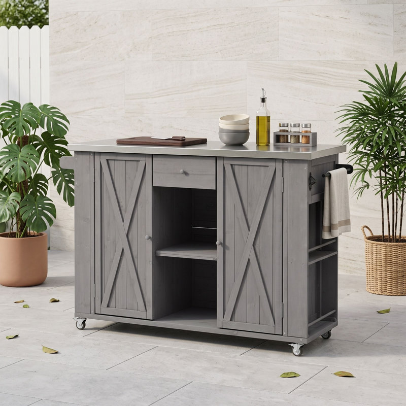 Îlot de cuisine extérieur avec plateau rabattable en acier inoxydable, tablettes de rangement réglables, porte-serviettes et porte-épices