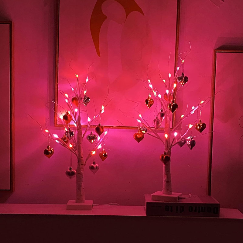 2-Pack Valentine’S Day Lighted Birch Trees With Heart Ornaments – USB & Battery