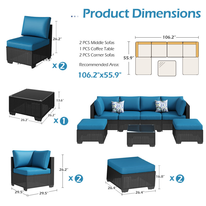 Ensemble de conversation modulaire en rotin 7 pièces avec coussins Emilienne, Bleu paon
