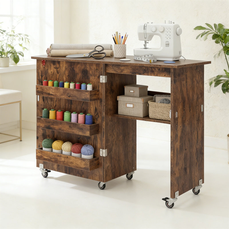 59cm x 40cm Foldable Sewing Table with Wheels, Brown