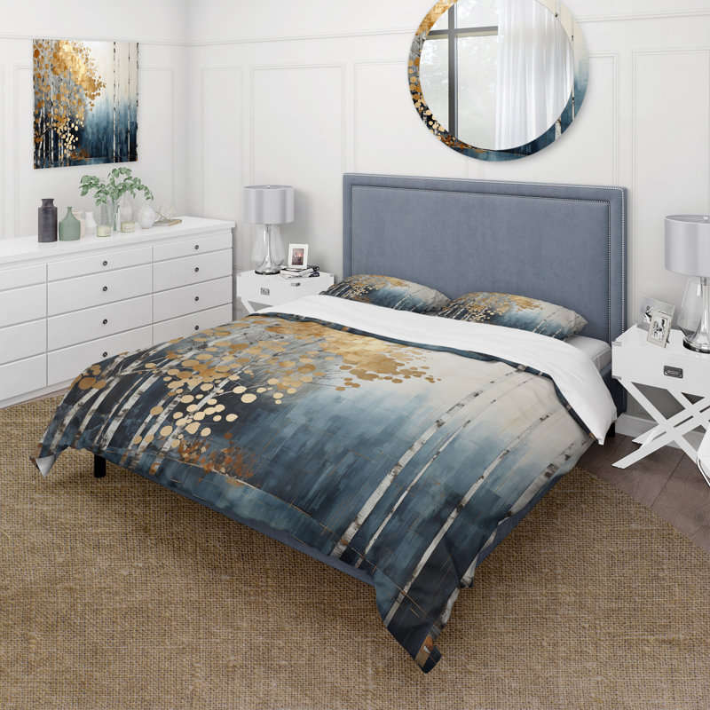 Ensemble de housse de couette Minimalisme bleu et doré, Housse de couette pour grand lit et 2 taies décor