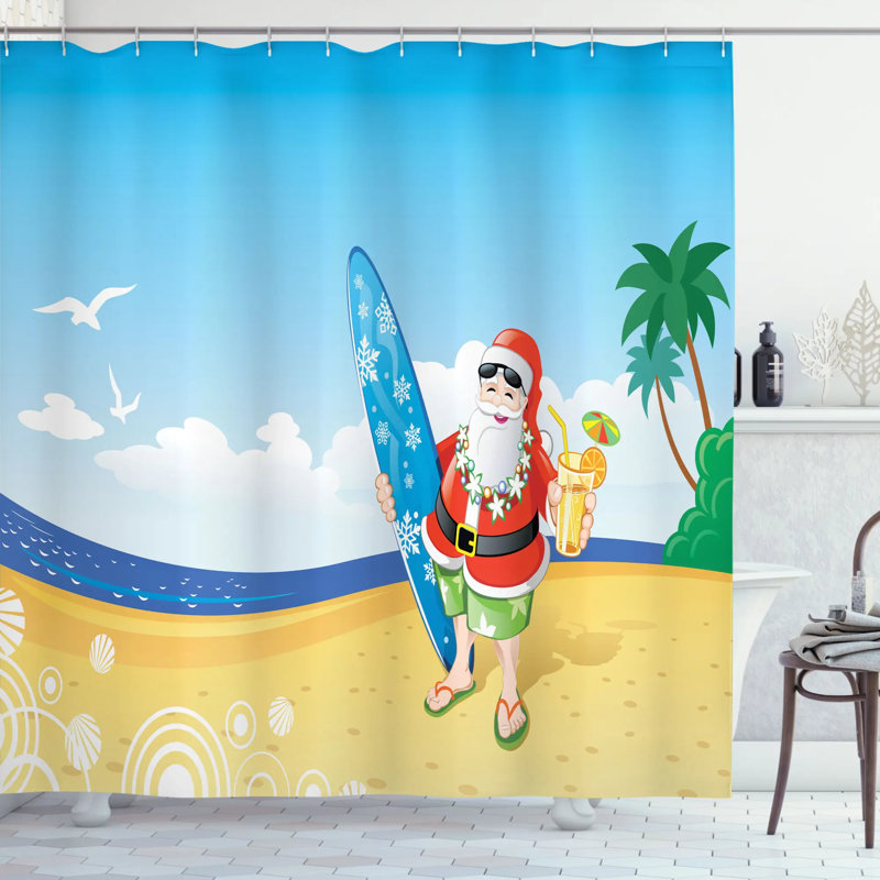 Rideau de douche et crochets de noël santa on beach surf, H 75 po x l 69 po