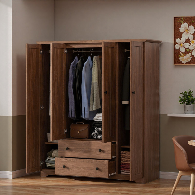 Armoire-penderie classique avec 4 portes, 2 tiroirs, tringles suspendues et rayures verticales, Brun