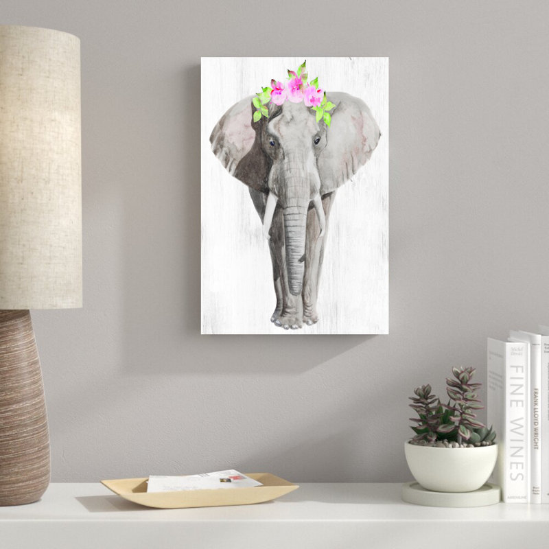 Éléphant avec couronne de fleurs - reproduction d'art sur toile tendue, H 18 po x l 12 po