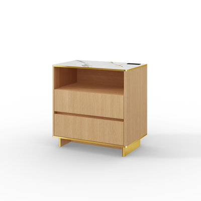 Adlington 31.5'' Nightstand With LED Light Strip, High-Gloss Marble-Look UV Top, 2 AC Outlets, USB & USB-C Charging, 2 Drawers