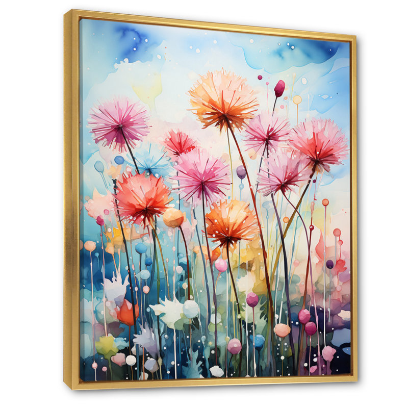 Impression sur toile florale multicolore «Dandelion Représentation I», Cadre flottant doré, H 32 po x l 24 po x P 1 po