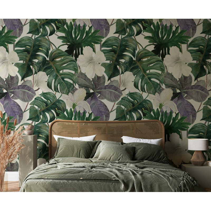 Papier peint floral tropical avec feuilles vertes tropicales, L 50 po x l 75 po