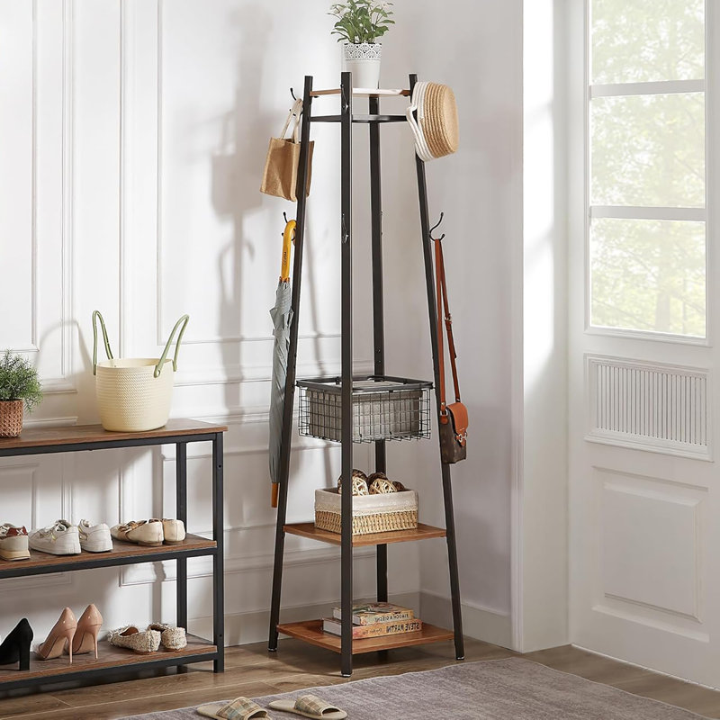 Industrial Style Freestanding Coat Rack: Hall Tree with Storage Shelves, Metal Basket & 8 Hooks, Vintage Brown