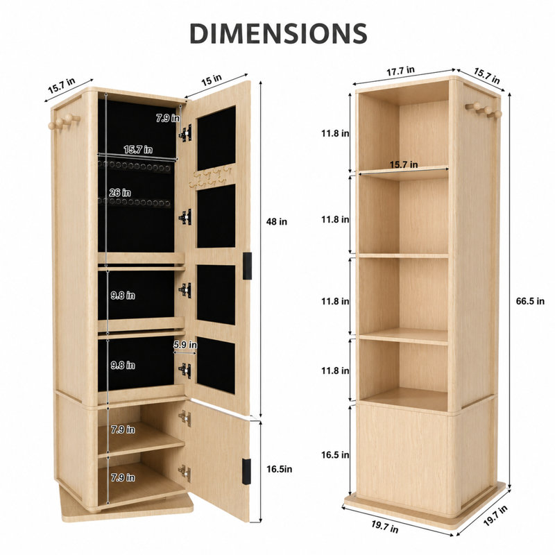 Armoire à bijoux pivotante à 360° avec miroir pleine longueur, porte-manteau et étagères