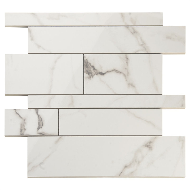 Saroshi 11.41 in. x 11.69 in. Polished Porcelain Marble Look Floor and Wall Mosaic Tile, Statuario Venato