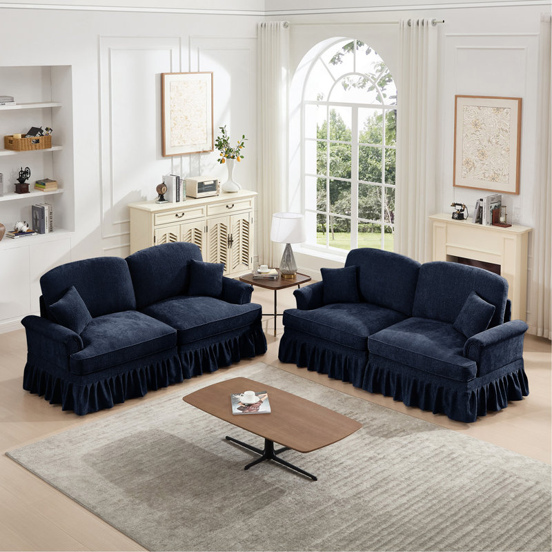 Ensemble de canapés modulaires classiques 2 pièces pour salon (fauteuil 2 places + causeuse 2 places) avec accoudoirs évasés et jupe à volants - Bleu