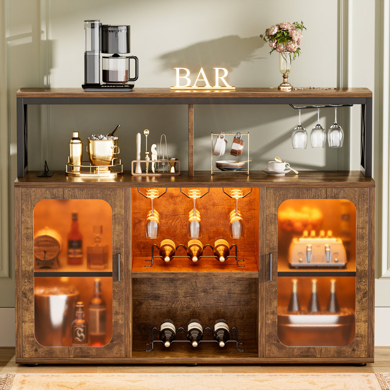Asrf 47'' Wine Bar,Storage Buffet Cabinet Coffee Bar Cabinet For Liquor,Wine Cabinet With Racks with LEDs, Brown