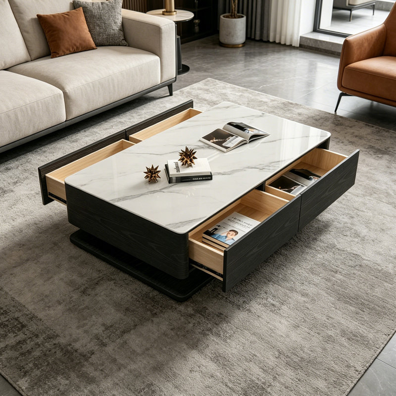 Table basse de rangement rectangulaire sur pied, Blanc / gris clair, H 16,92 po x L 55,11 po x l 31,49 po
