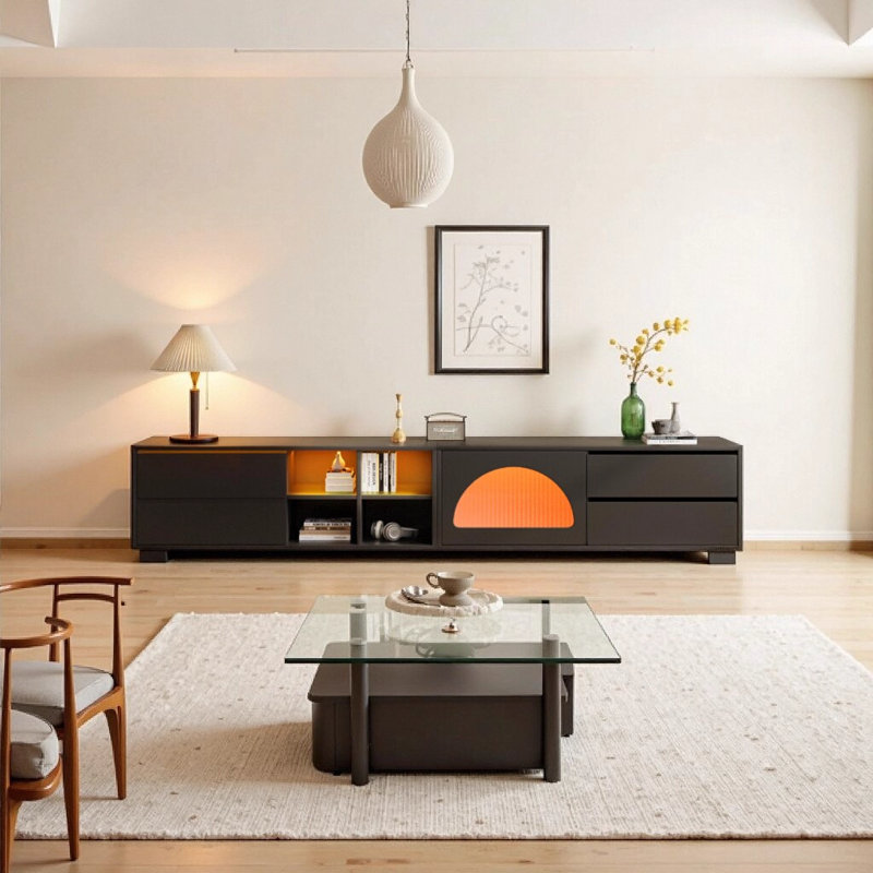Meuble télé 94,4 po avec porte en verre cannelé et lumières DEL Modern, Noir