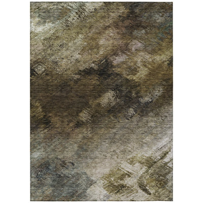 10' X 14' Beige Abstract Washable Indoor Outdoor Area Rug