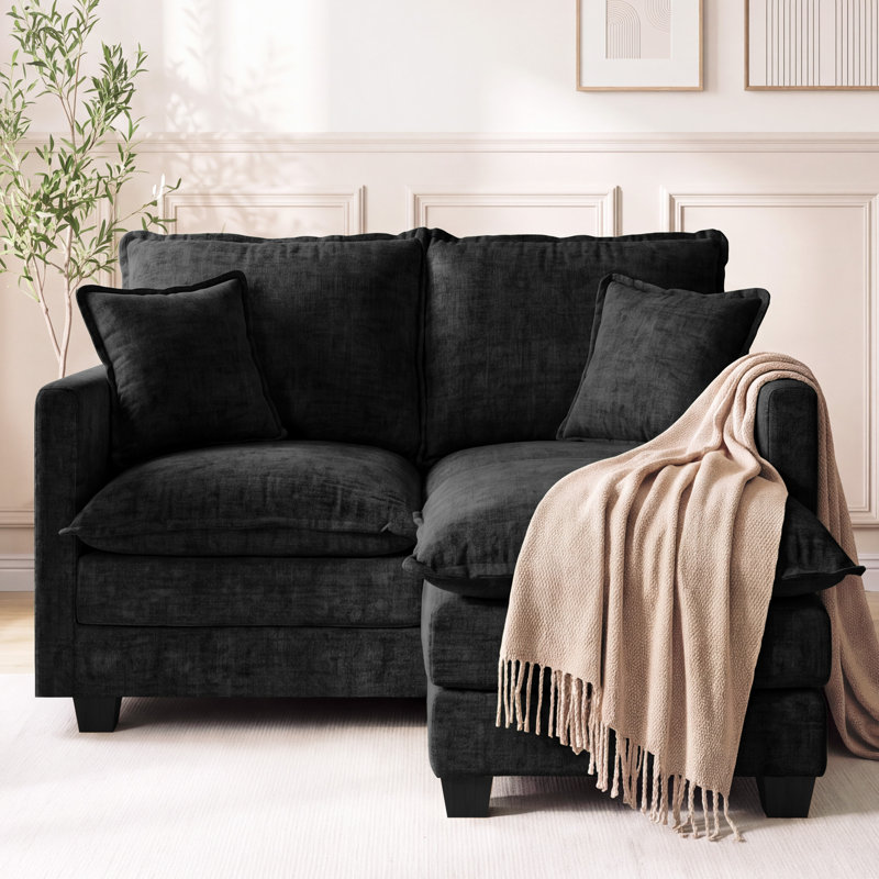Canapé 52 po avec coussins et repose-pieds en chenille 52 po, L 52 po, Noir