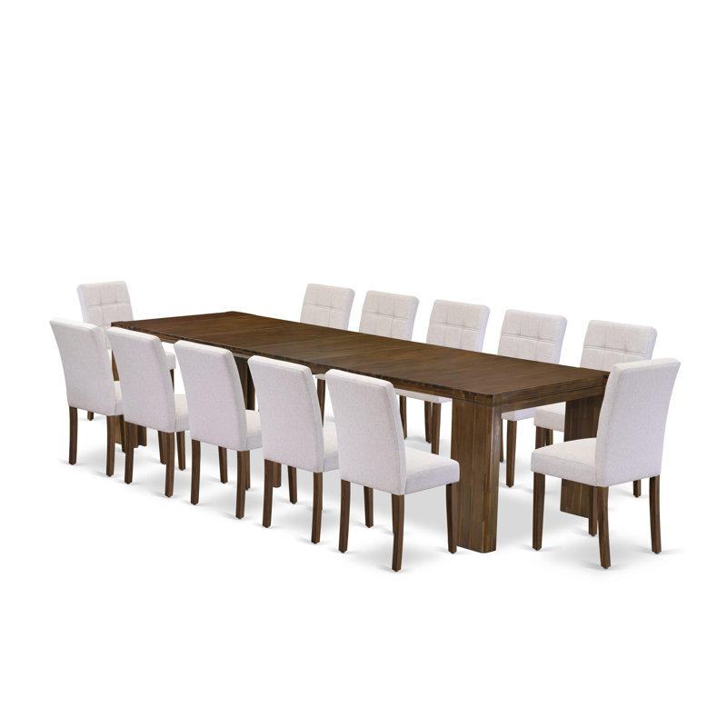13 Pieces Modern Dining Table Set contains an Extendable Rectangle Kitchen Table and 12 Polyester Fabric Dining Chairs, Antique Walnut
