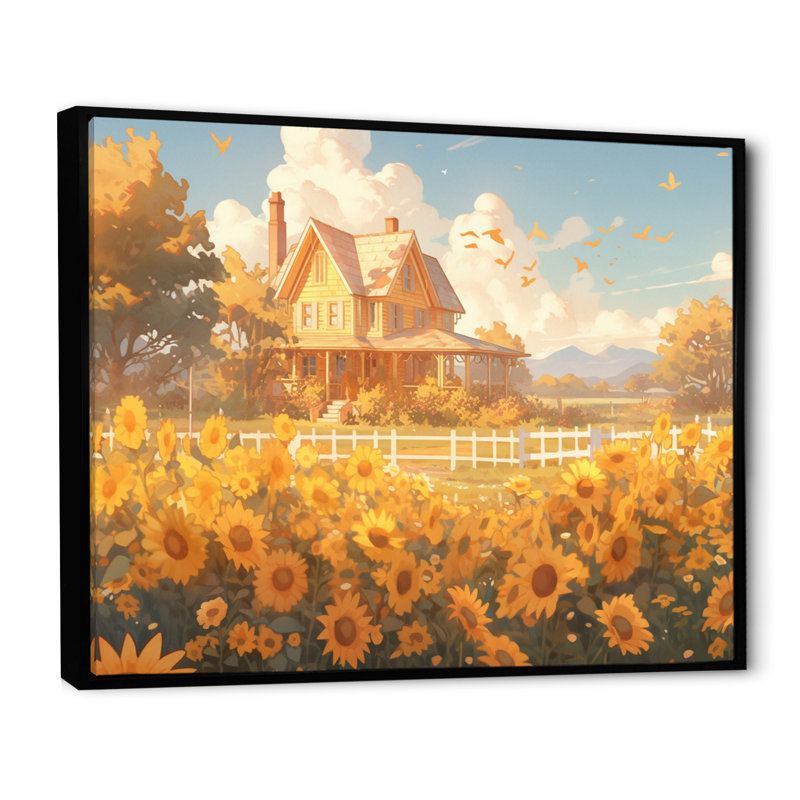 Tournesol doré à la ferme I - reproduction sur toile, H 12 po x l 20 po x P 1 po, Cadre flottant noir