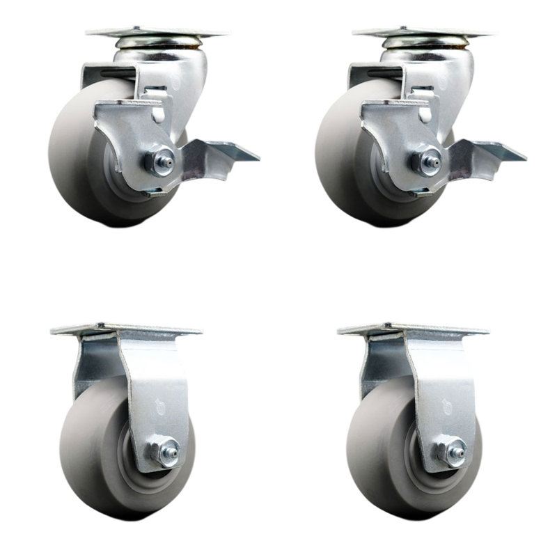4 Inch Thermoplastic Rubber Caster Set with Ball Bearings 2 Brakes 2 Rigid