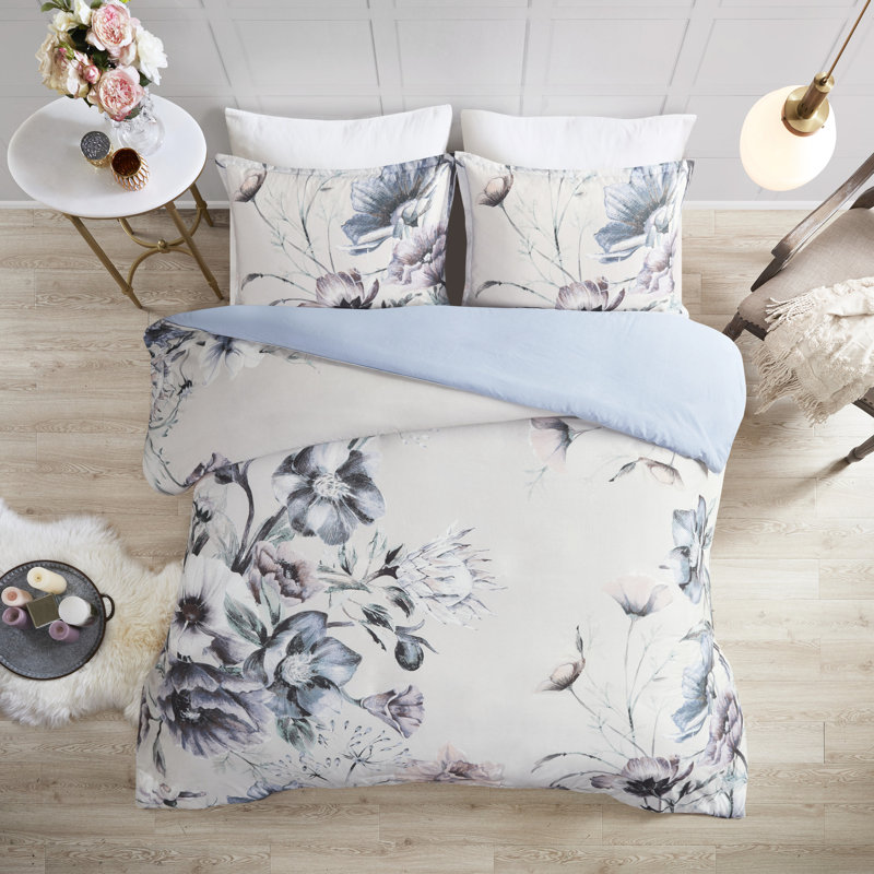 Housse de couette pour très grand lit / très grand lit 3 pièces - motif chic décontracté avec un motif floral enchanteur, une palette de couleurs douces et romantiques, comprend 1 2 taies décoratives, des attaches de coin à fermeture à boutons, une impression élégante en coton