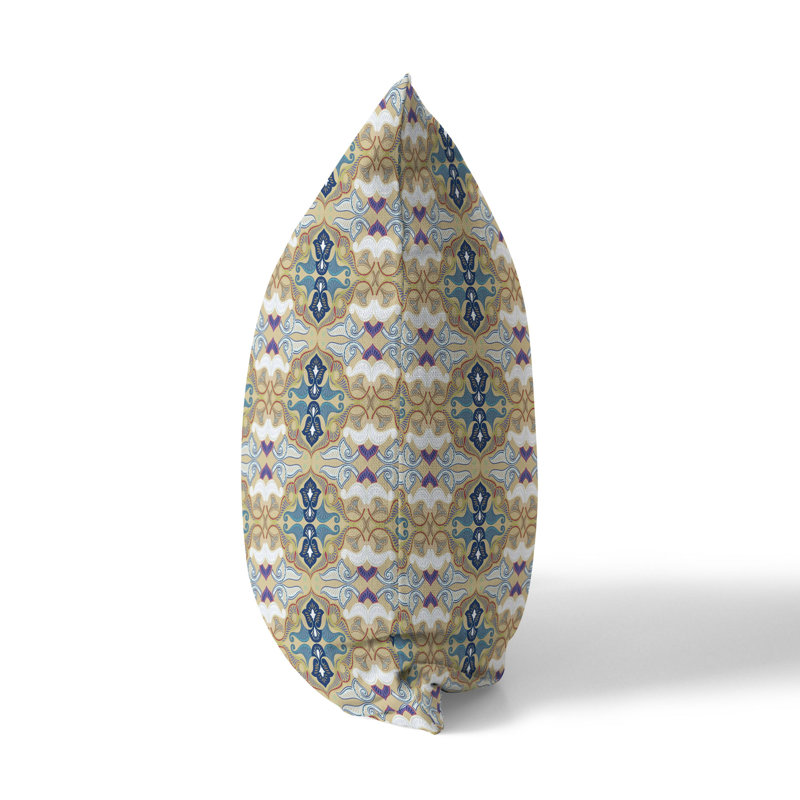 Beige and Blue Floral Geometric 16" Square Throw Pillow