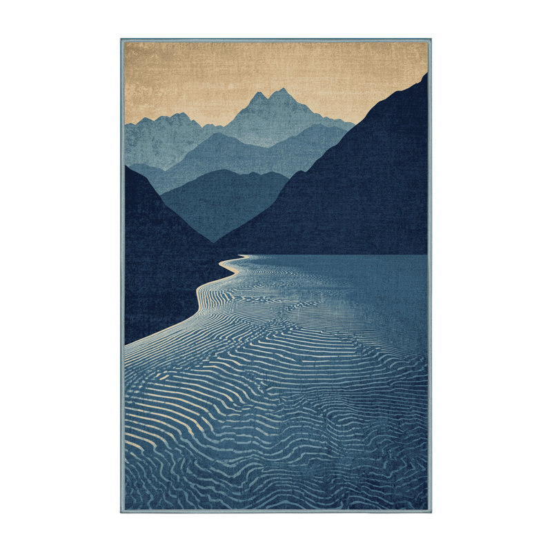 Machine Washable Outhe Modern Rustic Vintage Look Rug in Blue – SkyBlue Binding, 2 x 5