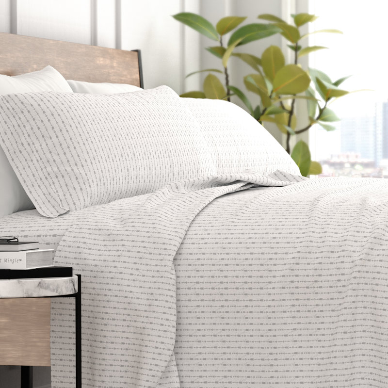 Home Beaded Arrows Striped Pattern Microfiber Sheet Set, Queen, Light Gray