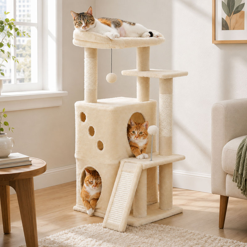 Arbre à chat 34,61 po avec condos doubles, poteaux à griffer et jouets pour chats d'intérieur