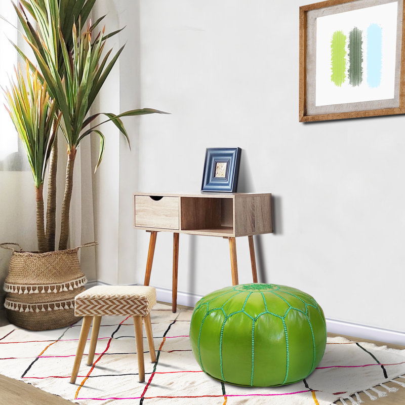 Burmaster Upholstered Pouf, Light Green Genuine Leather